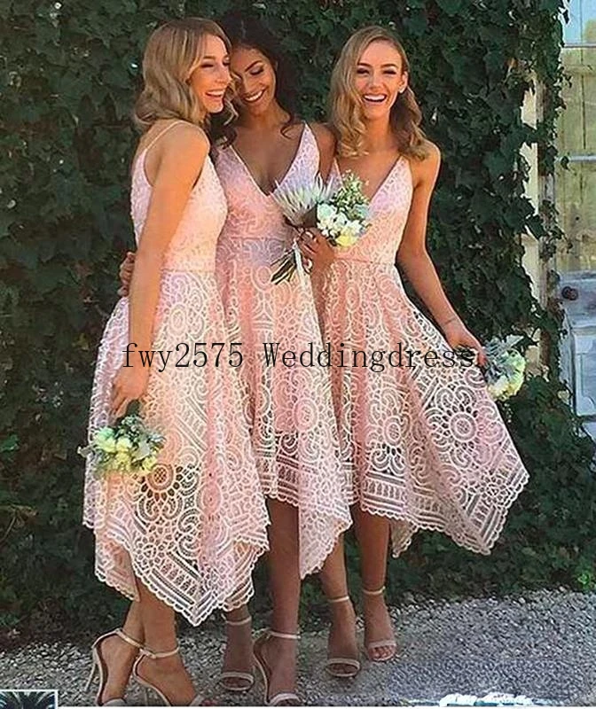 

Bridesmaid Dresses Tea-Length Blush Pink Navy Blue Lace Irregular Hem V Neck Maid of Honor Country Wedding Party Guest Gowns