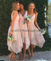 bridesmaid dresses tea length blush pink navy blue lace irregular hem v neck maid of honor country wedding party guest gowns