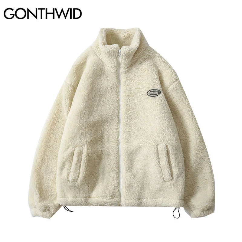 

Hip Hop Winter Fleece Fluffy Jacket Streetwear Harajuku Fuzzy Zipper Coat Men Autumn Solid Color Lightweight Jackets Black Beige