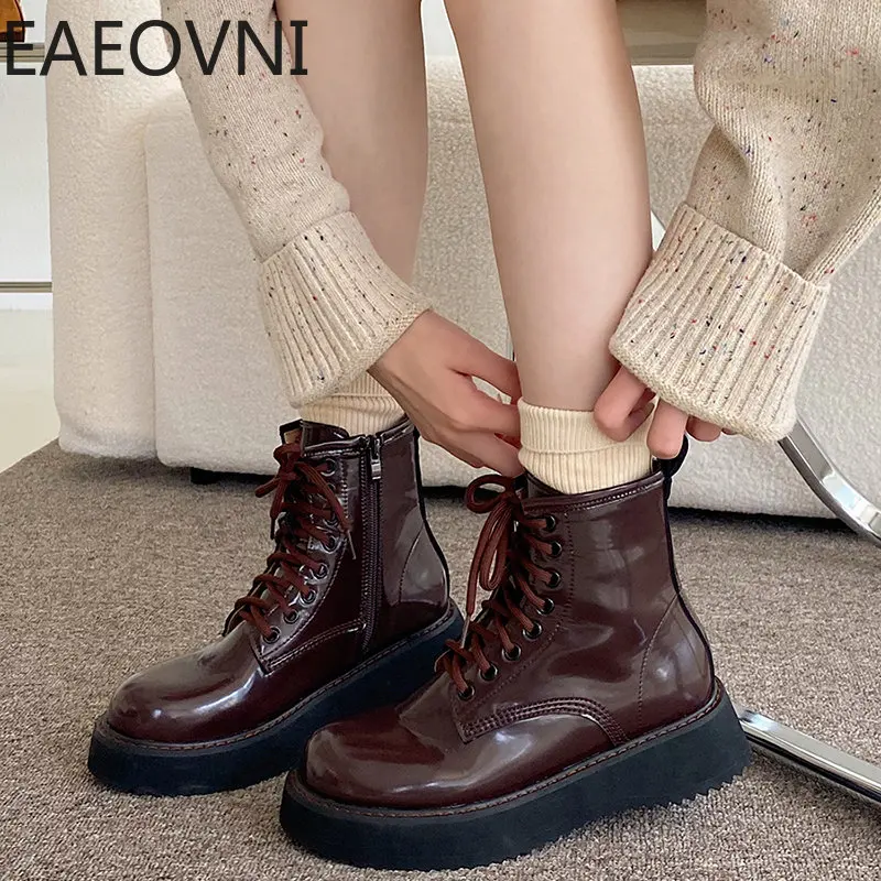 

Motorcycle Short Boots Women Fashion Lace Up Zippers Ankle Booties Increased Thick Bottom Shoes Ladies Autumn Winter Shoes