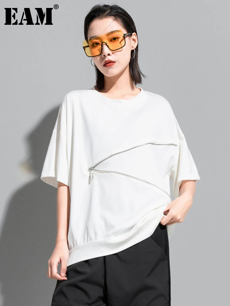 

[EAM] Женская белая Повседневная футболка на молнии большого размера, новая модная футболка с круглым вырезом и коротким рукавом, весна-лето ...