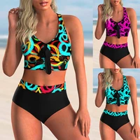 2022 new women printed high waist two pieces bikini set swimsuit female plus size beachwear swimwear bather bathing suit