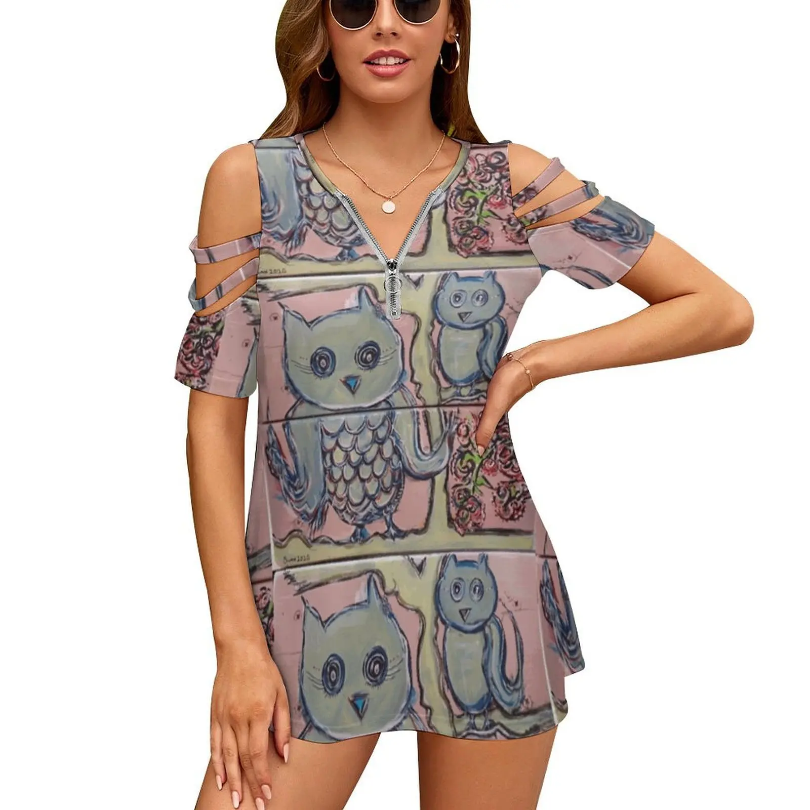 

Футболка женская на молнии с принтом совы, пикантная винтажная рубашка с принтом дерева, топ с принтом совы, художественная детская одежда с животными