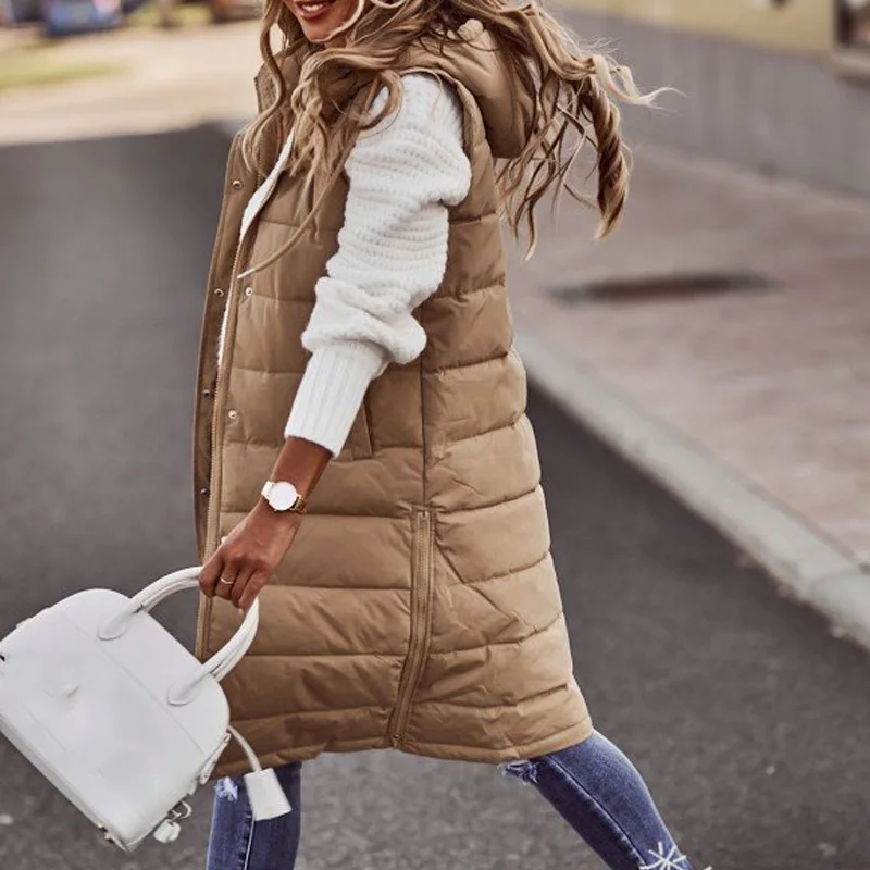 Solid Hooded Single-breasted Midi Cotton Coat Jacket Casual Sleeveless Slim Vest Tops Women Autumn Winter Tank Cardigan Outwear