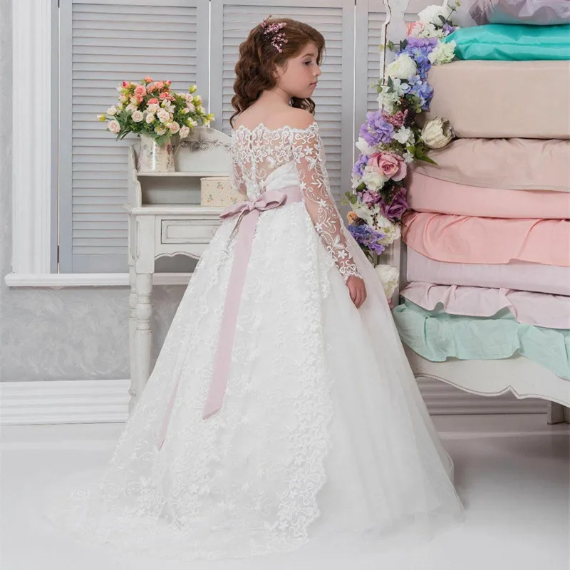 

Beautiful Kids Flower Girl Dresses For Wedding White Lace Tulle Girls Pageant Gowns Sheer Neck Sleeveless Princess Party Gowns