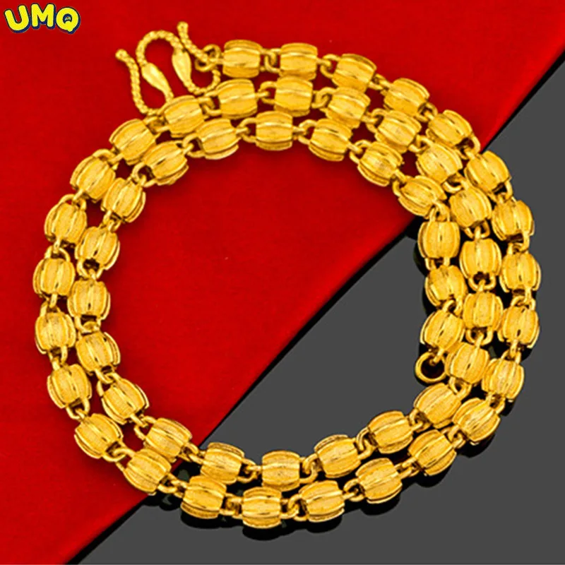 

Hi 8mm Men 24k Gold Beads Necklace Vintage Gold Necklace for Male Birthday Gift Lone Not Fade Classic Chain Ethnic