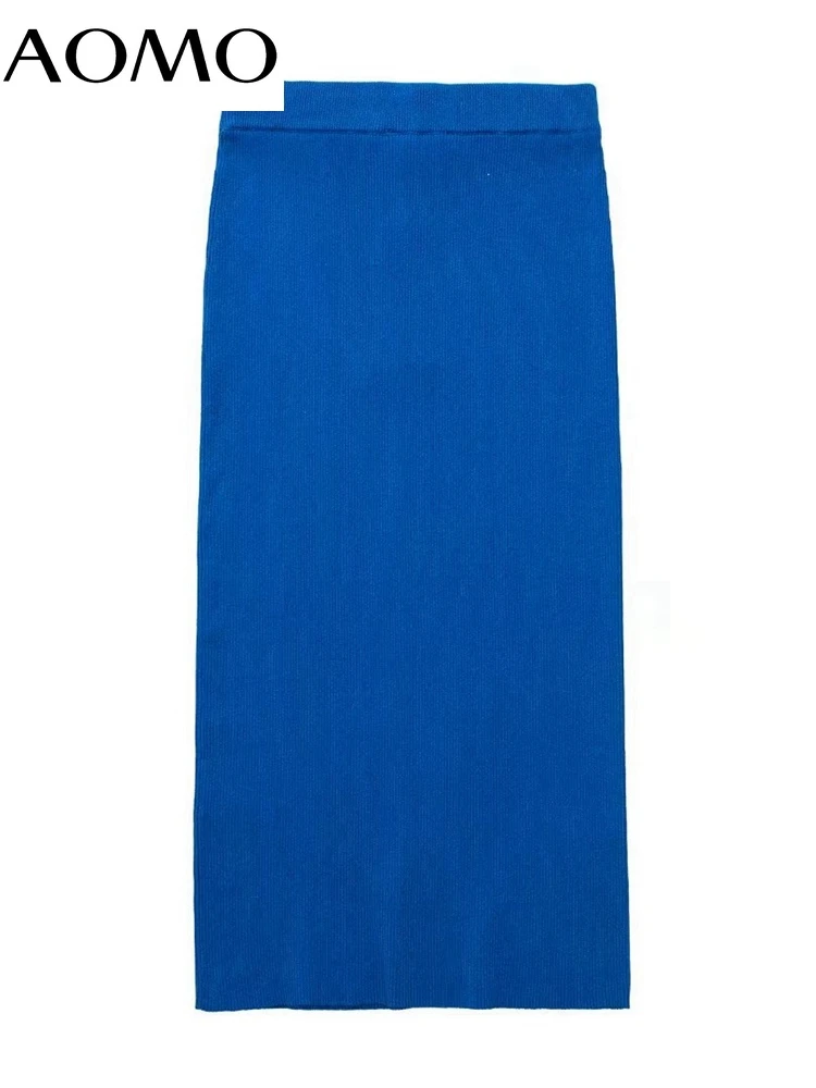 

AOMO Women Blue Pencil Sweater Midi Skirt Faldas Mujer Vintage Office Ladies Elegant Chic Mid Calf Skirts 3H450A