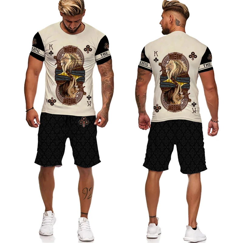 Summer Men Two Piece Set King Ace Spade Lion Poker 3d Print T-shirt/shorts/suit Hip Hop Streetwear Casual Harajuku Male Outfit