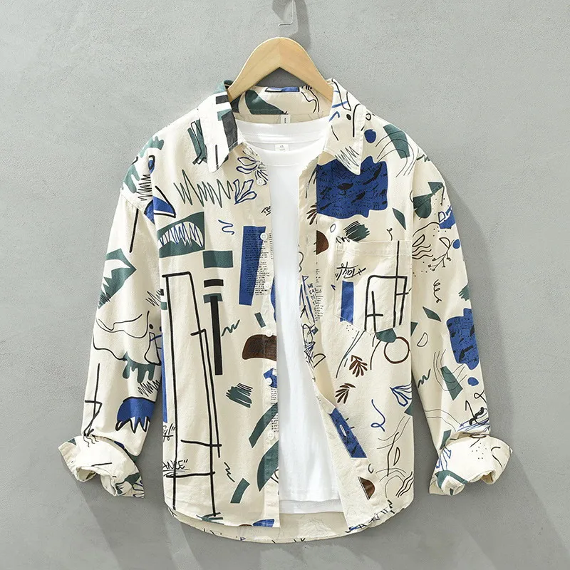 

Мужская хлопковая рубашка с длинным рукавом, с принтом