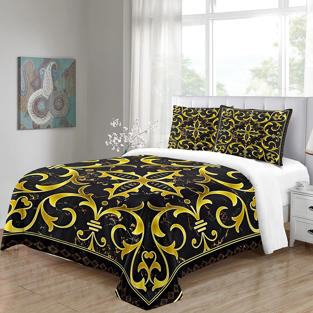 

Роскошные комплекты постельного белья золотого и черного цвета в стиле бохо, в стиле барокко, Королевский, двойной, полный комплект постельного белья, для односпальной и двуспальной кровати, комплект с пододеяльником и 2 наволочками