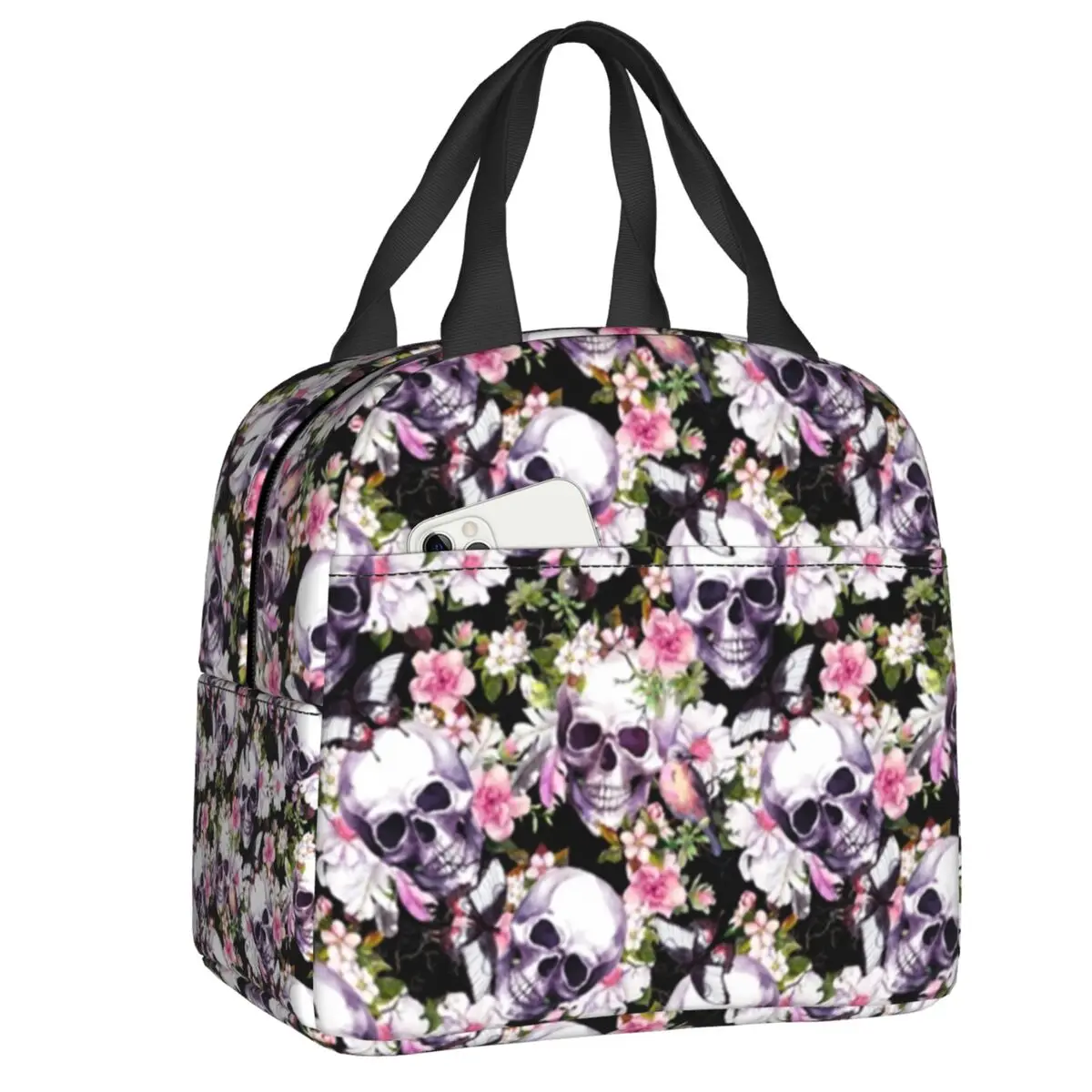 

Floral Skulls Pattern Insulated Lunch Bag for Women Leakproof Cooler Thermal Lunch Tote Office Work School