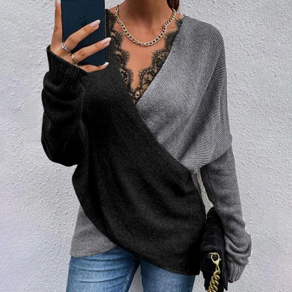 

New Autumn Winter Women Colorblock Contrast Lace V-Neck Wrap Sweater Long Sleeve Oversized Pullover Tops Loose Casual Blouses