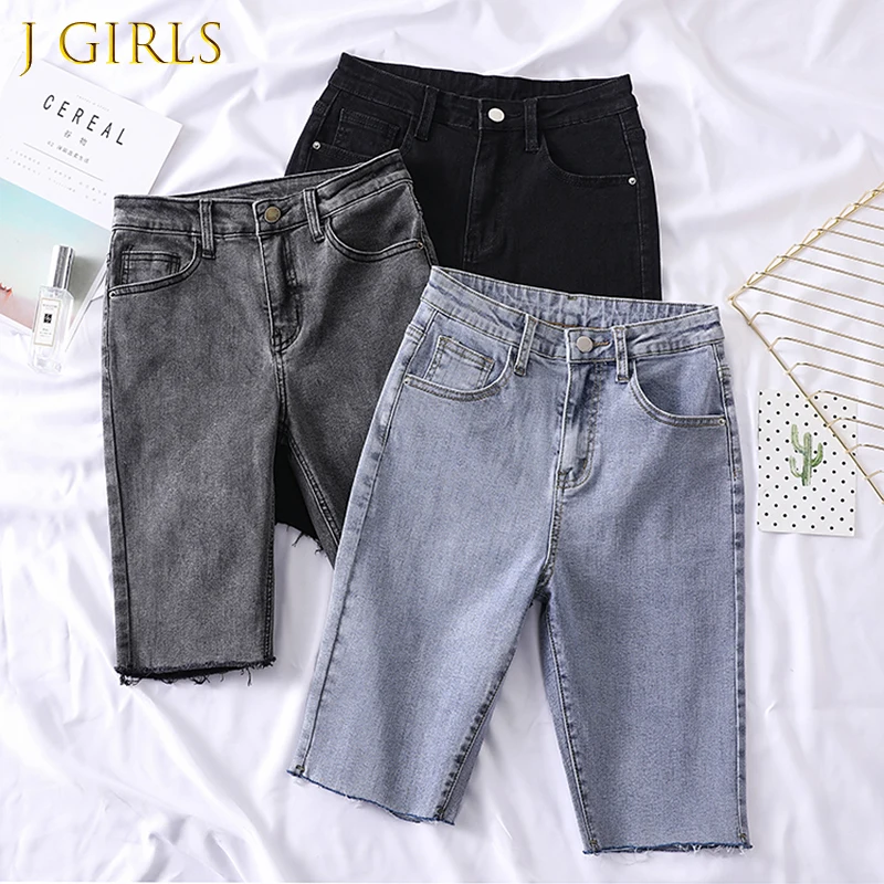 

J GIRLS Skinny Stretch Denim Shorts Women Summer High Waist Black Blue Gray Knee Length Jeans Shorts Jeans Short Femme