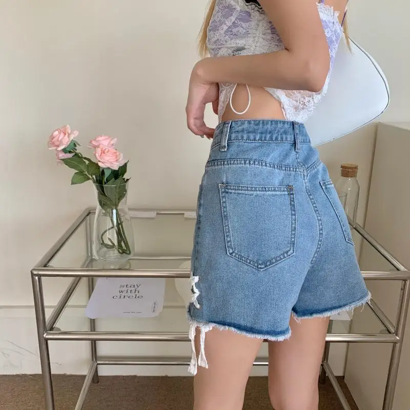 Hottie Denim Shorts Summer Women High Waist Thin Wide Leg Pants Bowknot Hot Girl Sexy Jeans Slim Casual Street Fashion Clothing