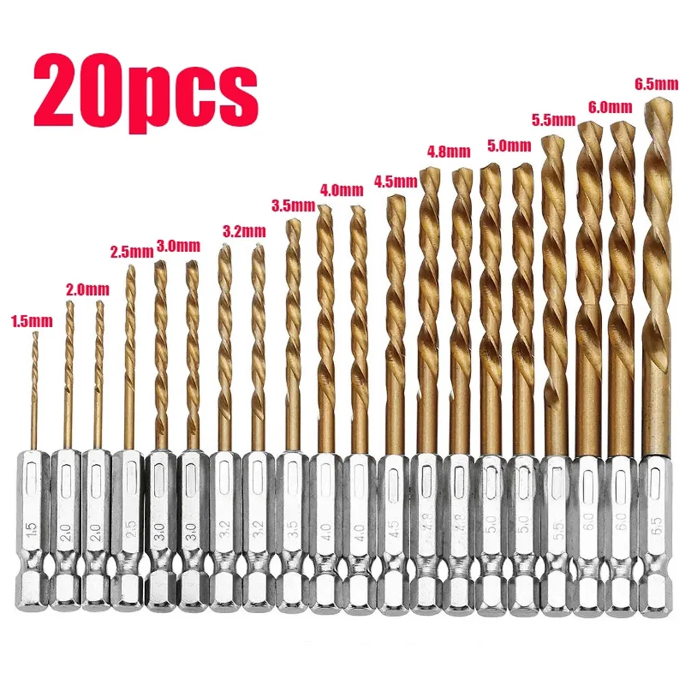 

20pcs 1.5-6.5mm Twist Drill 1/4 "hex Shanks Hss Titanium Coated Drilling For Cordless Screwdrivers Woodworking Power Tools