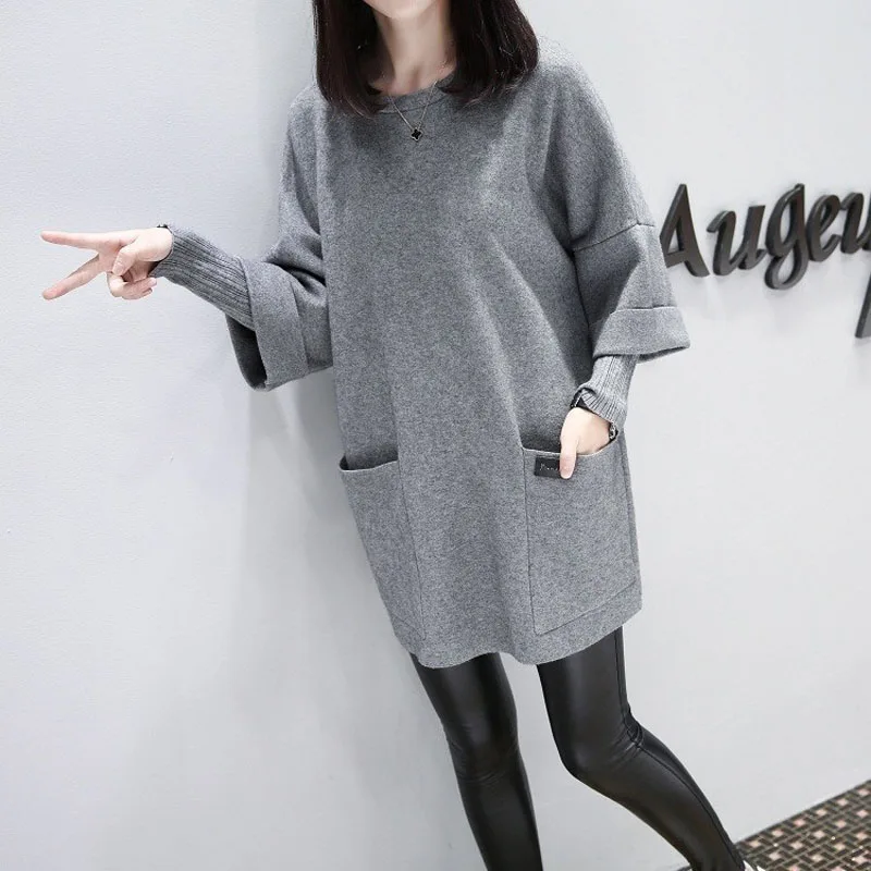 

Pullover Chic Sweatshirt Solid Spring Fashion All-match Oversized Top Women Plus Casaua Size For Pocket Tunics Simple Autumn