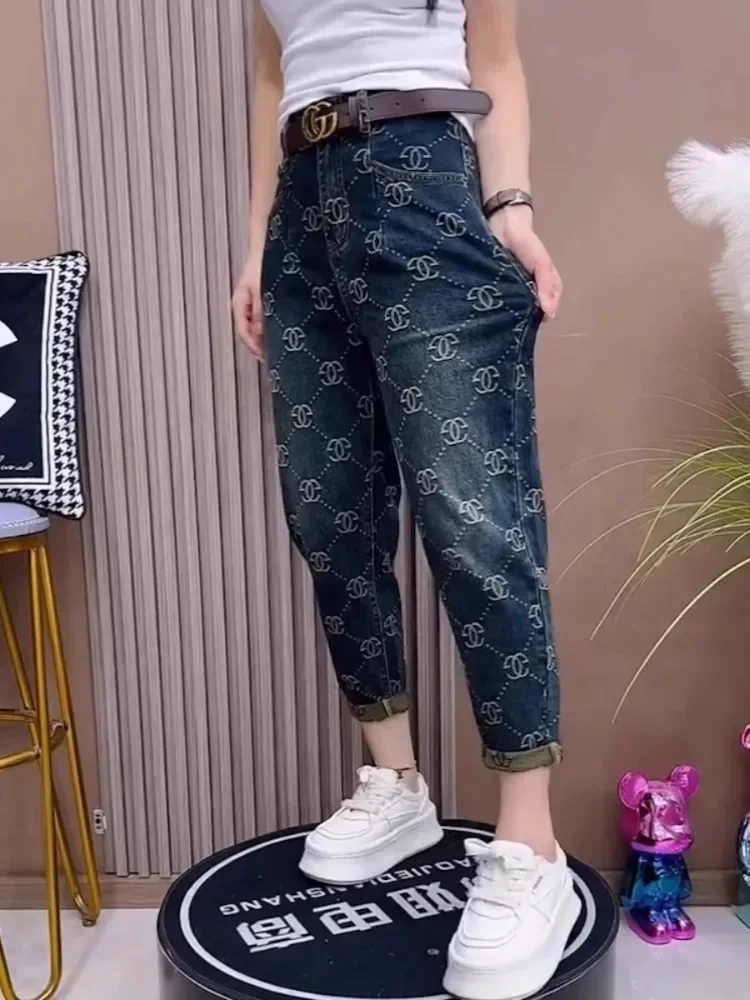 Жаккардовые джинсовые брюки-султанки новинка осень/зима эластичные свободные