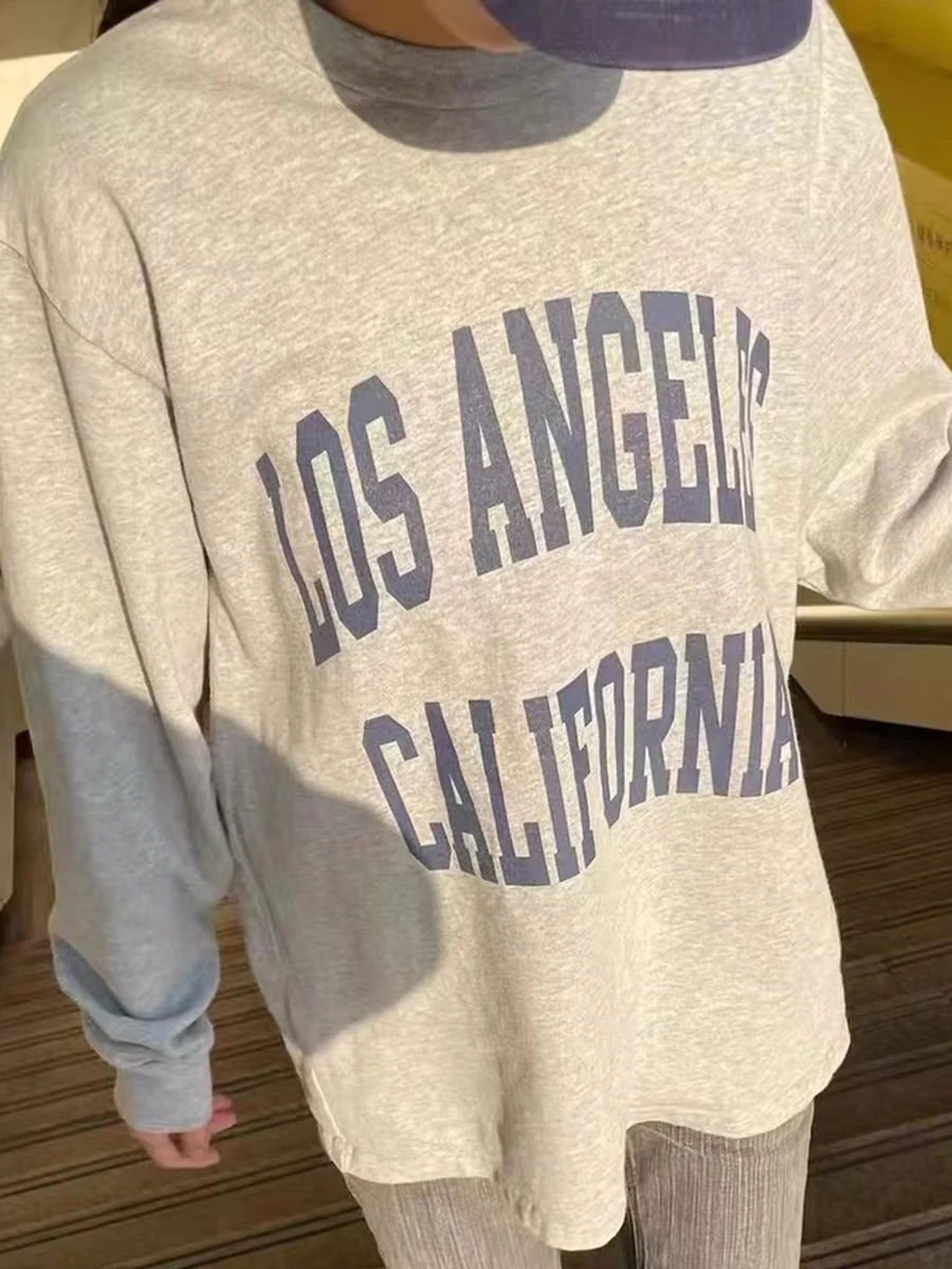 Женская футболка с буквенным принтом, осень 2022, Модный женский свободный топ в американском ретро стиле с длинным рукавом, Женские повседневные топы большого размера