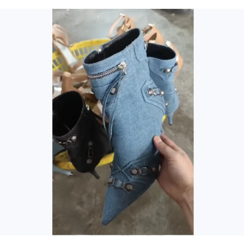2023 Spring and Autumn Pointed Thin Heel Side Zipper Rivet Buckle Leather Boots Denim and Ankle Fabric Women's High Heel Boots