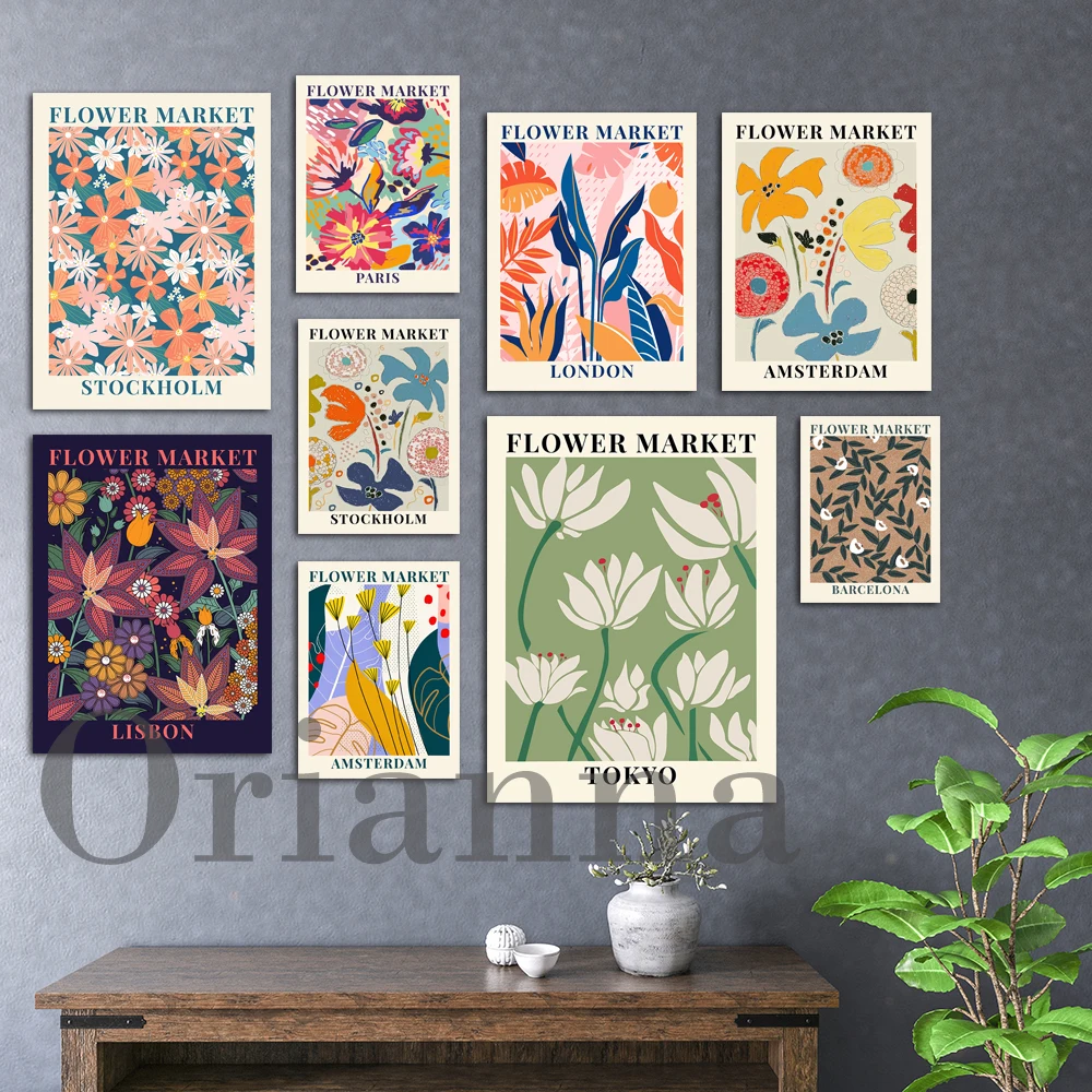 

Stockholm Amsterdam Copenhagen Brussels London Barcelona Tokyo Lisbon Paris Columbia Flower Market Poster Spring Art Print Decor