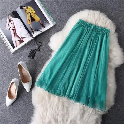 Summer new holiday  chiffon skirt, mid-length, large swing, mesh drape short skirt Knee-Length  empire  faldas