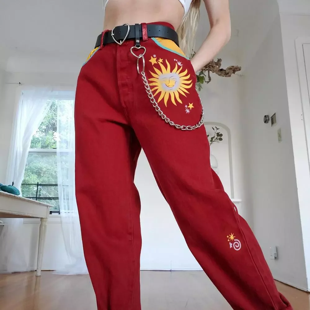 

2023New Casual Sun Print Straight Trousers Red Streetwear Long Pants Harem Pants For Women High Waist Ladies Pants Vintage