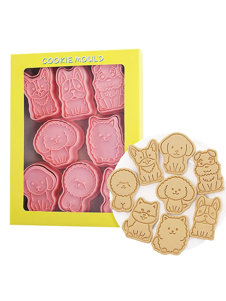 

8 Pcs/set Dog Cookie Moulds Cookie Cutters Plastic 3D Cartoon Dog Pressable Biscuit Mold Kitchen DIY Baking Pastry Bakeware