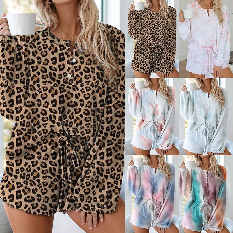 

Summer Women Sets Long Sleeve T Shirts and Shorts Brand New Tie Dye Home Casual Female Loose Elastic Cuff and Drawstring Pants