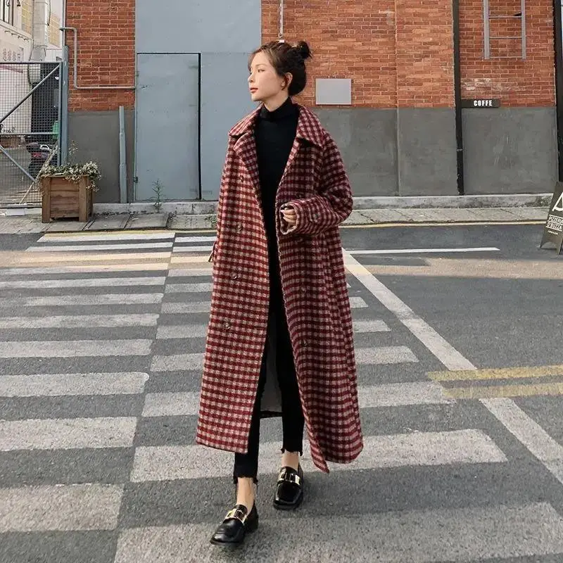 

Winter Thicken Plaid Long Wool Coat With Belt Office Lady Vintage Chic Elegant Casual Business Overcoat Korean Work OL Outwear