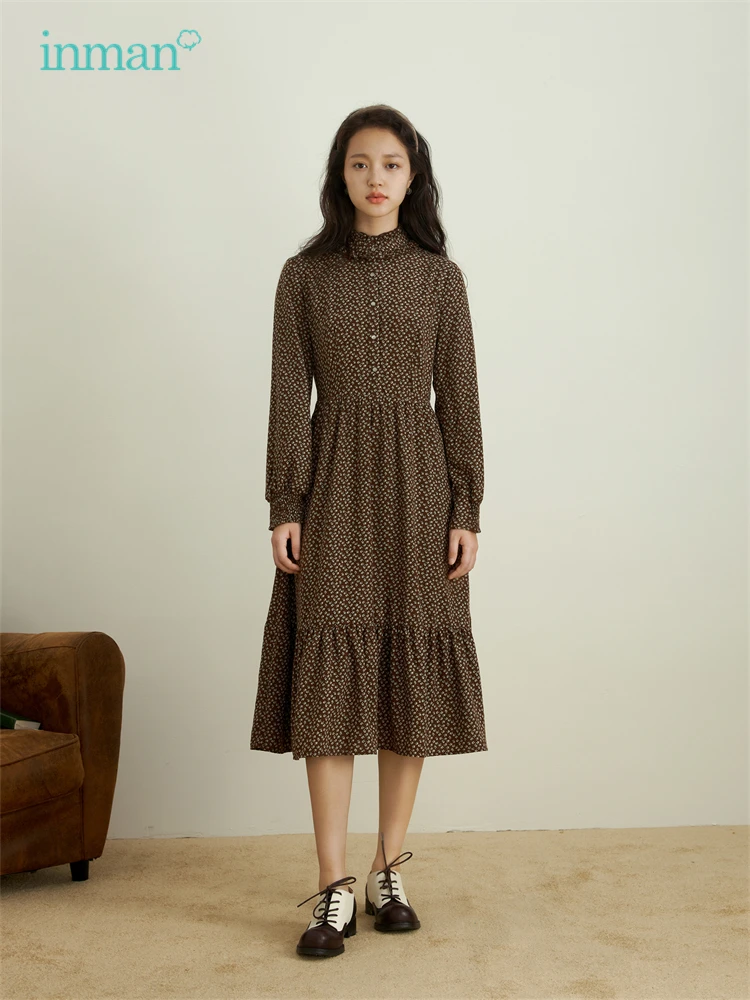 Женское платье INMAN весеннее винтажное для женщин с деревянными ушками стоячим