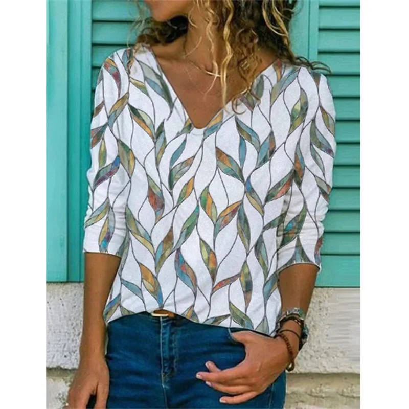 

Autumn 2022 Retro V-Neck Printing Fashion Long Sleeve T-Shirts Female Casual Fashion Loose Pullover Tees Tshirt Top Women