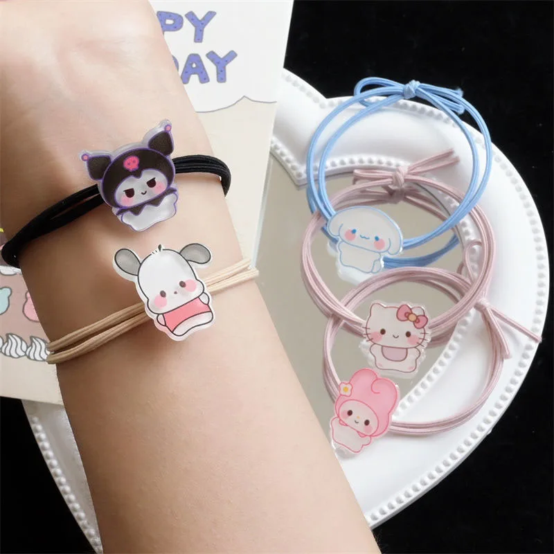 

5pcs/set Sanrio Accessories Cartoon kitty Kawaii Doll Kuromi Mymelody Cinnamoroll Sweet Hair Rope Rubber Band Bracelet for Girls
