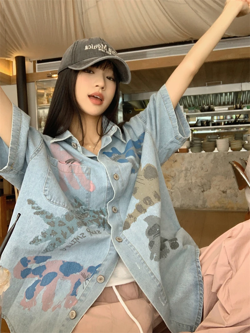 Gaganight Женская индивидуальная Милая джинсовая рубашка с принтом и коротким