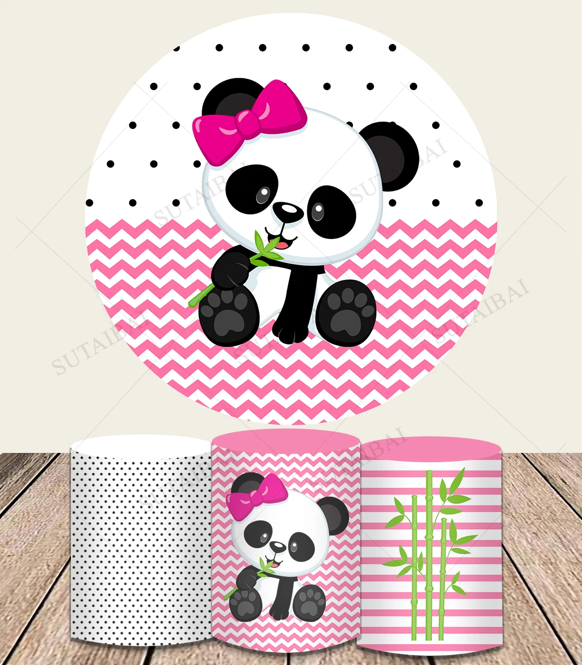 Circle Background of Photography Panda Black Round Dots Children Happy Sweet Photocall Customized Banner Photo Studio Photophone