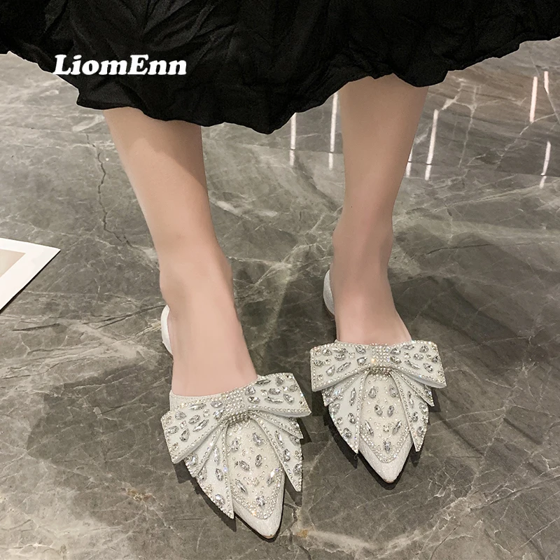 Crystal Pointed Toe Low Heels Mules Women Party Wedding Shoes 2022 New Summer Outdoor Casual Slippers Slides Gold Silver |