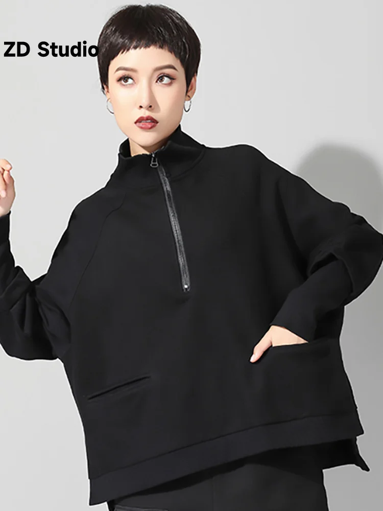 

[ZD Studio] Loose Fit Black Irregular Sweatshirt New Turtleneck Long Sleeve Women Size Fashion Tide Spring Autumn 2023 JQ021