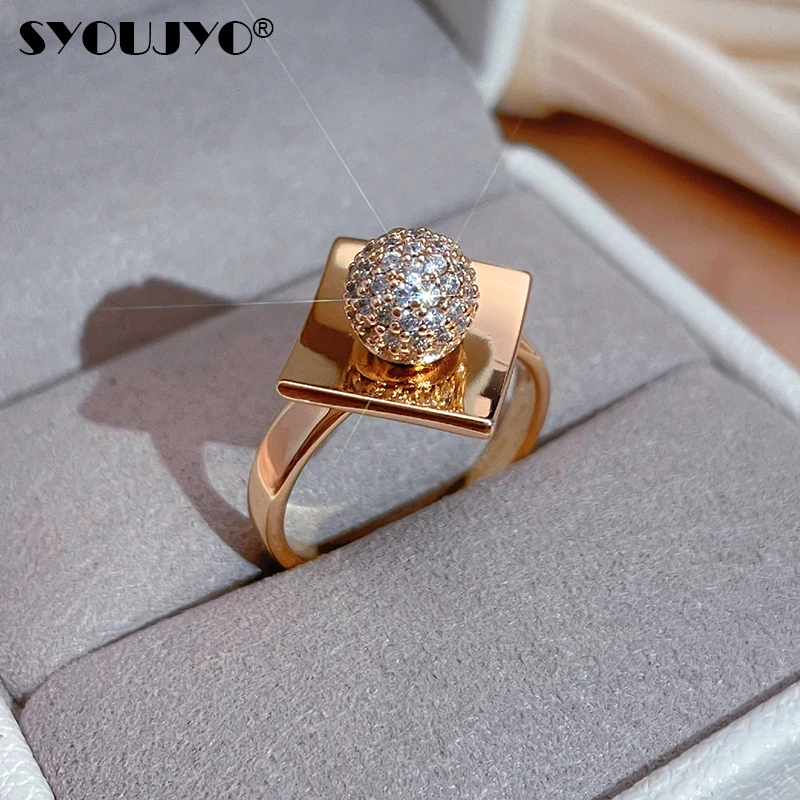 SYOUJYO 585 Rose Gold Women's Ring Luxury Small Ball Design Natural Zircon Micro Wax Setting Wedding Party Fashion Jewelry