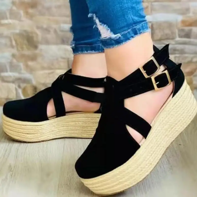 

Summer Women's Vintage Wedge Heel Sandals Woman Buckle Strap Straw Thick Bottom Platform Flats Female Flock Ankle Straps Shoes43