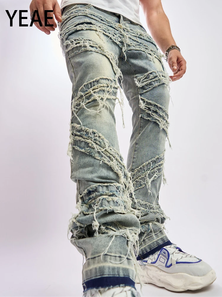 

Мужские Прямые рваные джинсы YEAE, модные Стрейчевые свободные джинсовые брюки в стиле ретро, американские брюки в стиле хип-хоп, 2023