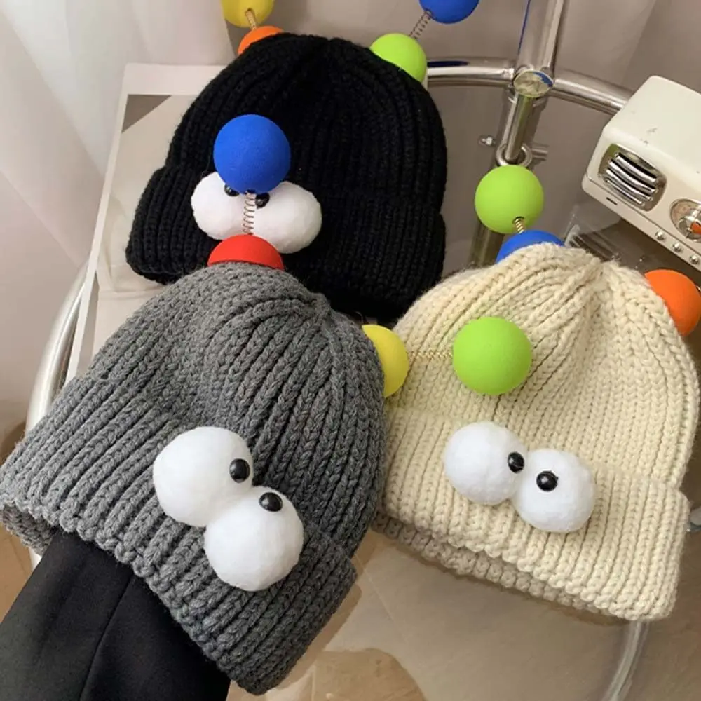 

Cloth Accessories Cartoon Big Eye Beanie Warm Knitting Wool Crotch Plush Ball Beanie Cartoon Muffler Funny Knitting Hat Girls