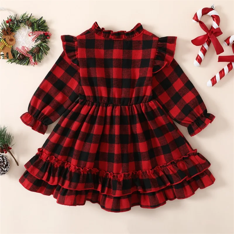 

Рождественское платье в красную клетку для маленьких девочек, милое платье-трапеция с длинным рукавом, пуговицами и оборками, Рождественская одежда