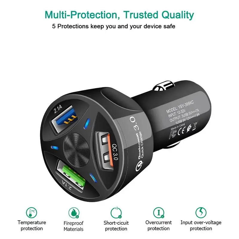 

Автомобильное зарядное устройство с 3 USB-портами, 12-24 в пост. Тока, 2x2,1 A + QC 3,0