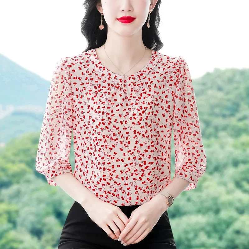 В наличии! Стильная возрастная женская шифоновая блузка для похудения с