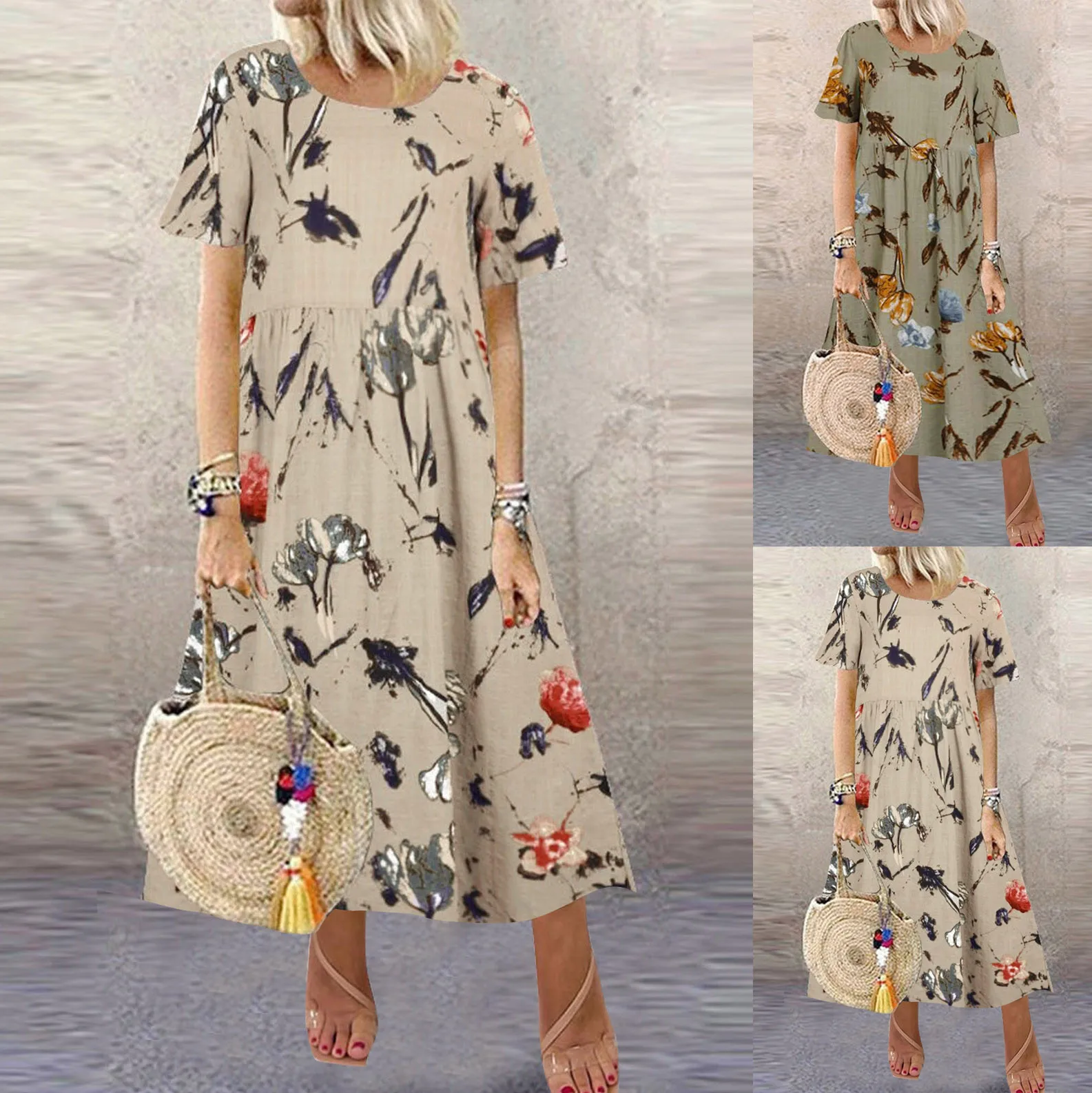 

2022 Summer Cotton Linen Loose Dresses Women Vintage Baggy Dress Print Round Neck Casual Short Sleeve Casual Loose Dress