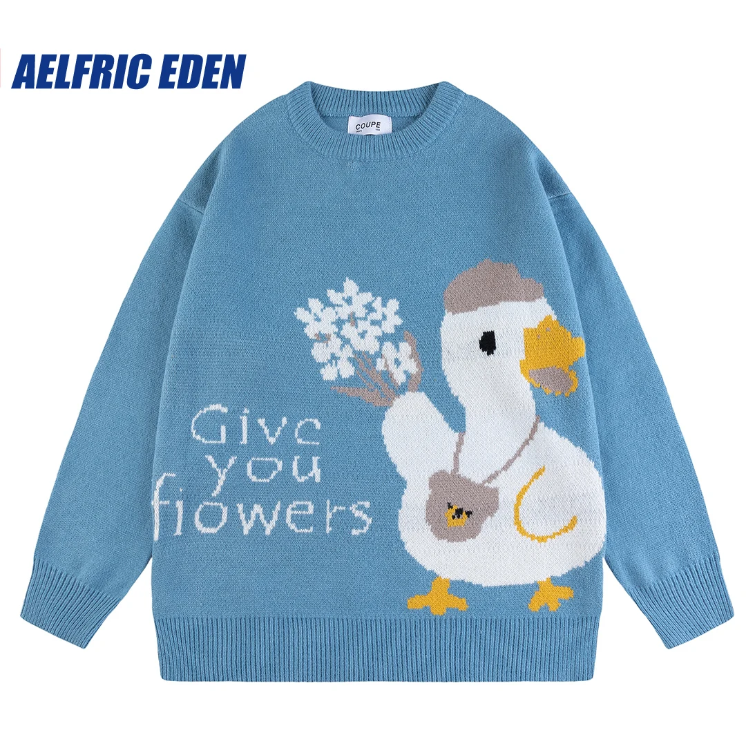 Japanese Harajuku Vintage Sweater Men 2023 Autumn Winter Cartoon Duck Loose Knitted Sweater Hip Hop Streetwear Knitwear Pullover