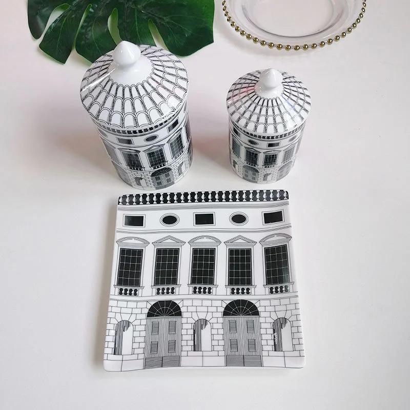 

Nordic Black White Architectural Art Ceramic Decorative With Cover Storage Square Dessert Plate Decor Diy Candle Making Handmake