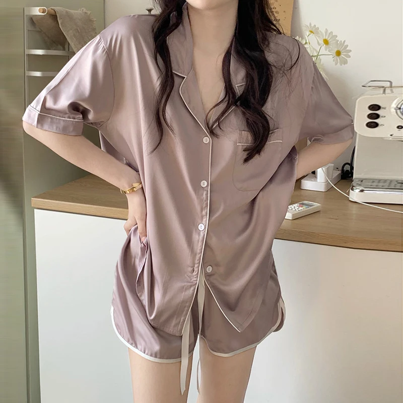 

2 Piece Women Sleepwear Set Spring Summer New Short Sleeve Pajamas for Woman Silk Fashion Sleepwear Luxurious Sexy Pajama Set