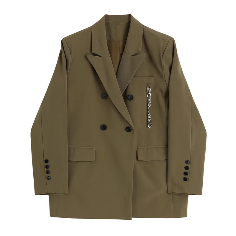 

High Quality Vintage Khaki Black Suit Coat 2022 Spring Casual Loose Double Breasted Lapel Chain Decoration Women Blazers Outwear