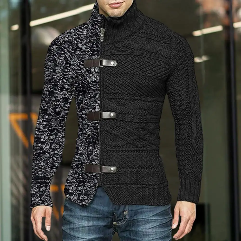 

Fashion Men Sweater Autumn Winter High Neck Sweater Men Leather Buckle Long Sleeve Knitted Cardigan Coat Large Size Men Clothing