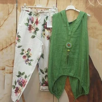 hooded vest top floral pattern daily clothes2 pcs pants set solid color v neck casual sleevelesswomen topstrousers set